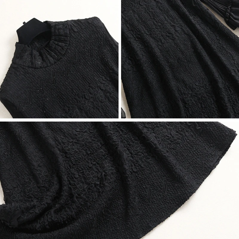 

2020 Sexy Black Dress Lantern Sleeve Office Lady Half High Collar Fall Bottom Chothing Red Elegant Medium Skirt Women