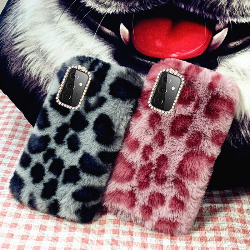 

On A32 Case Warm leopard Fluffy Rabbit plush back cover For Samsung A52 Case Fundas silicone Cover fit Galaxy A52 A72 Phone Case