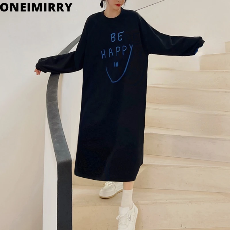 

2021 Autumn Winte Long Sweatshirts Woman Harajuku Letter Embroidery Black Hoody Pullovers Loose kawaii crewneck Sweatshirt Dress