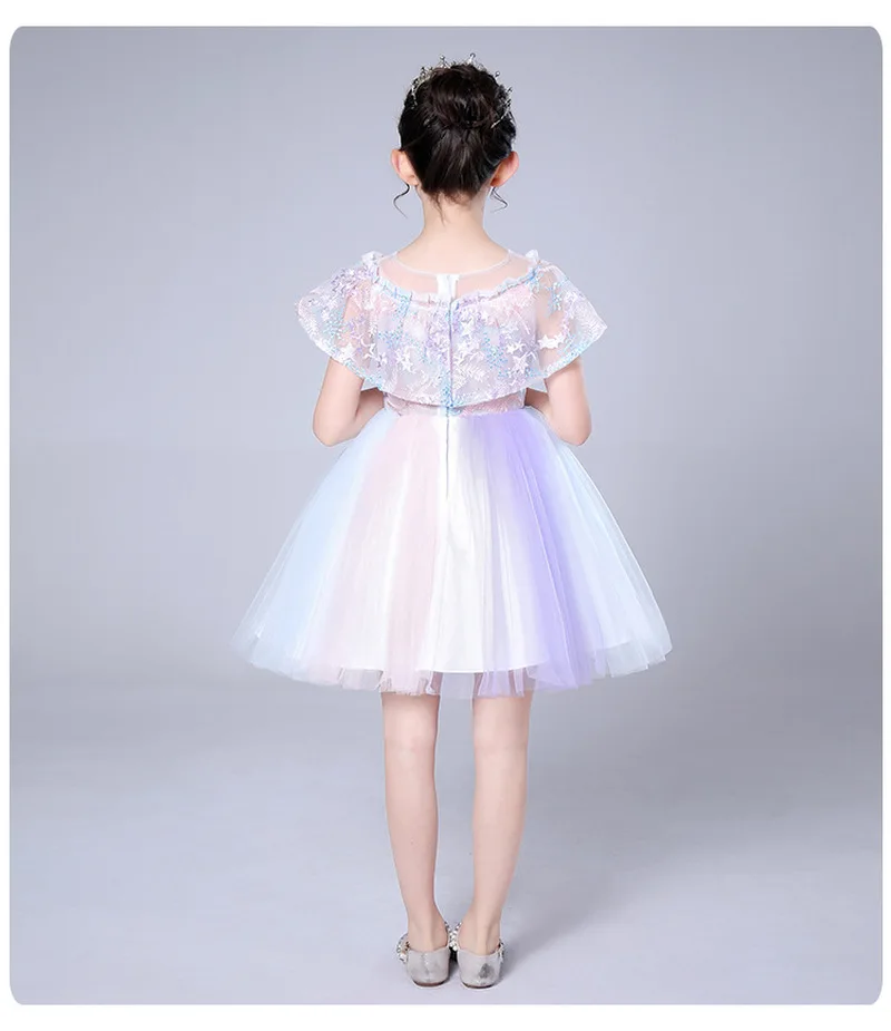 

Princess White Wedding Birthday Children Evening Party Vestidos Kids Clothes Embroidery Stars Petal Sleeve Ball Gown Girl Dress