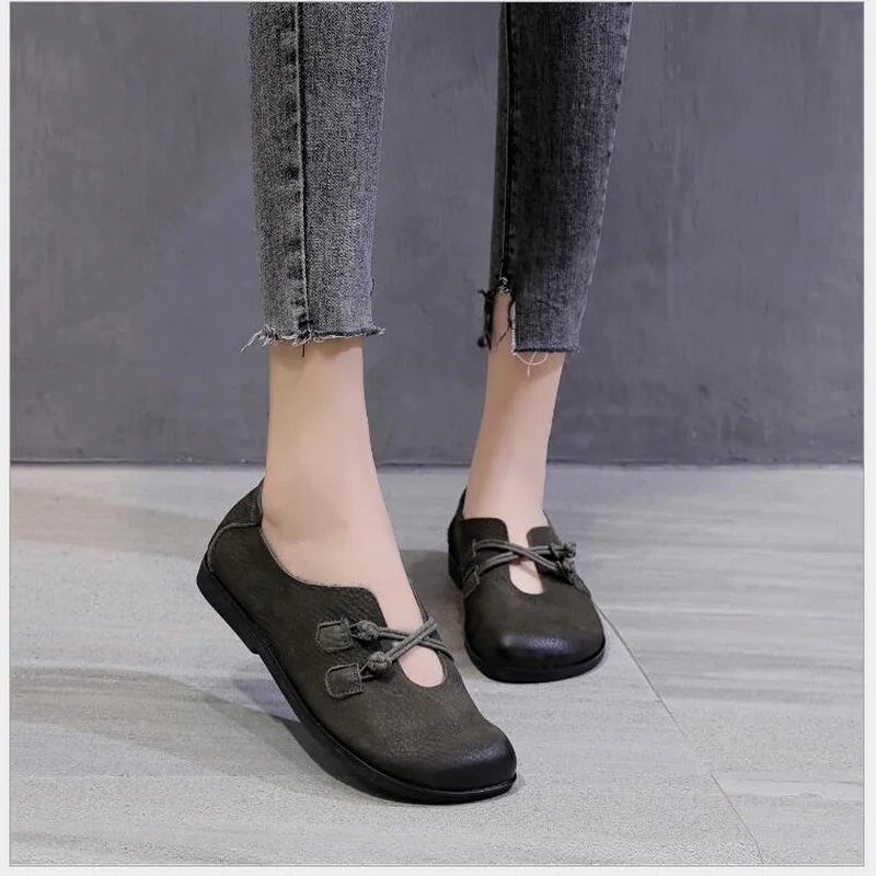 2020 New Autumn Flats Women Shoes Retro Genuine Leather Round Toe Casual Ladies Shoes soft soles top layer cowhide driving shoes