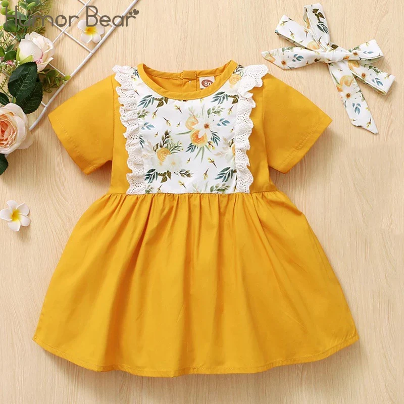 

Humor Bear Baby Girl Ruffle Dress 2022 Summer Short Sleeve Floarl Patchwork Dress Toddler Infant Clothes Dress For 0-24M