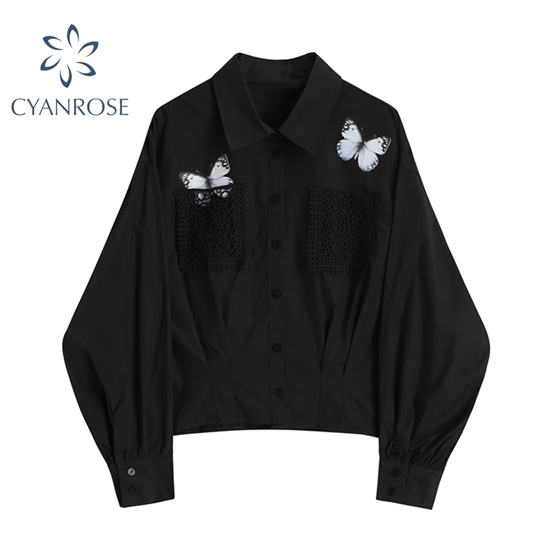 Женская блузка с длинным рукавом черная Готическая в стиле оверсайз винтажная