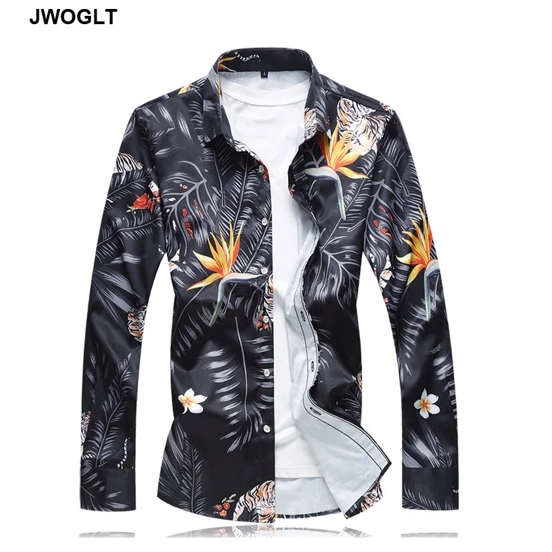 Рубашка мужская с длинным рукавом блузка принтом тигра и цветов на пуговицах 45 120