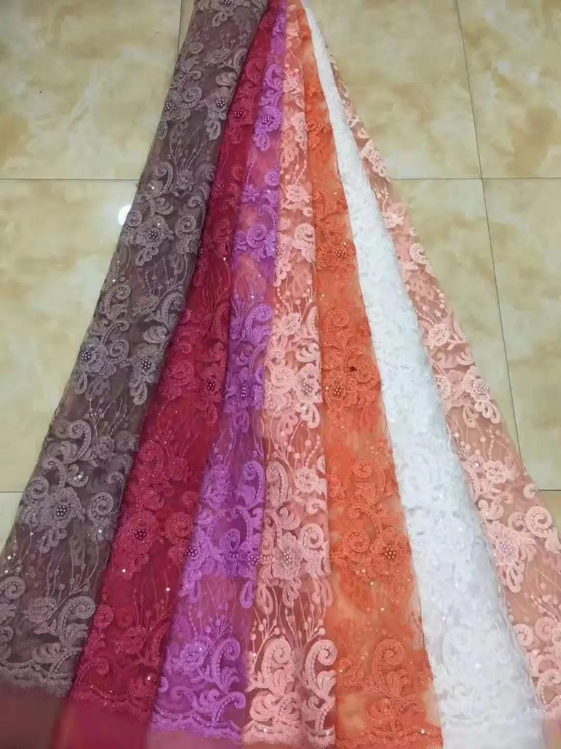 

Orange high quality French Nigerian sequins beaded lace,African tulle mesh sequence lace fabric for party dress 5yards/lot X10