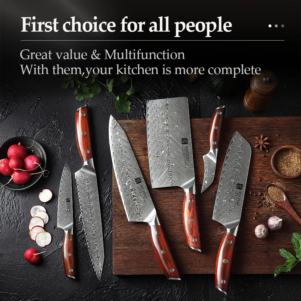 

XINZUO 6 PCS Kitchen Knife Set Damascus Steel New Cleaver Meat Paring Utility Santoku Slicing Bread Chef Cooking Tools