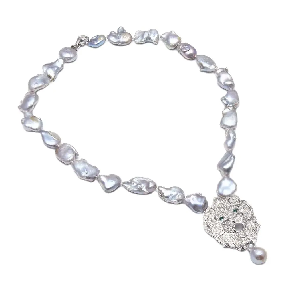 

GuaiGuai Jewelry 25'' 20MM Grey Natural Keshi Pearl Necklace CZ Lion Barpque Pearl Pendant Handmade For Women