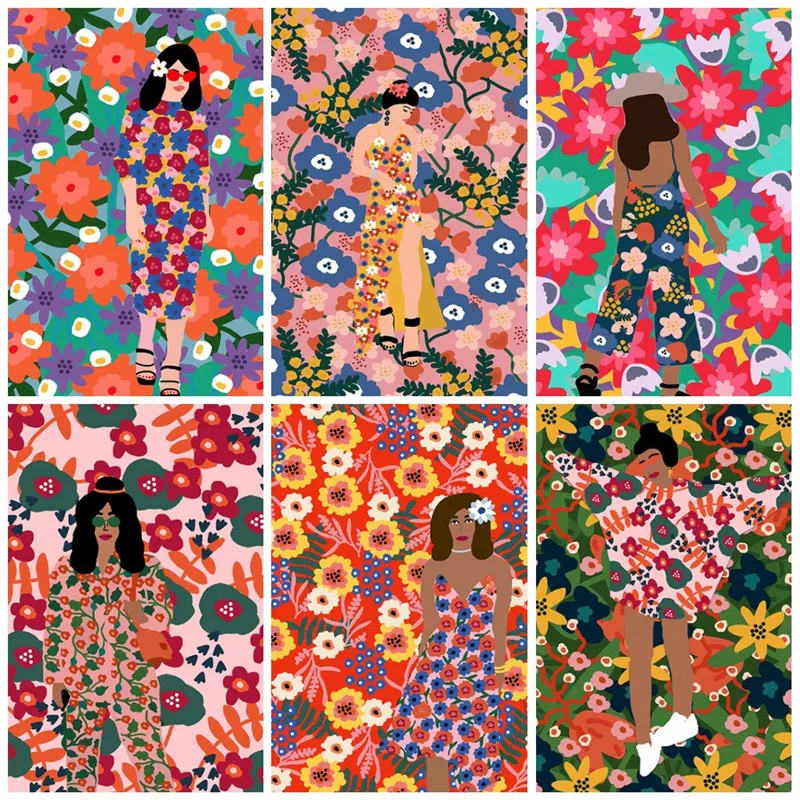 

Colorful Abstract Girl Model Flower Vogue Wall Art Canvas Painting Nordic Posters and Prints Wall Pictures for Living Room Decor
