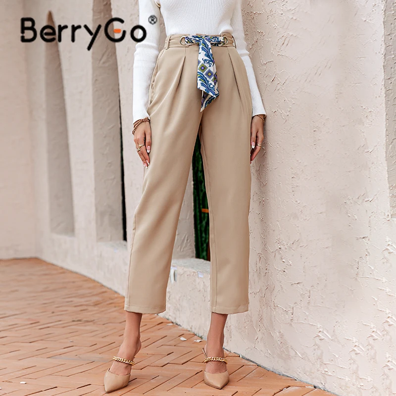 

BerryGo Elegant sashes khaki straight pants autumn Office high waist lace up women suit pants solid Casual ladies loose trousers