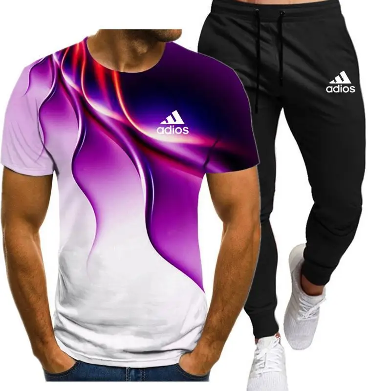 

2021 New Men's Summer Leisure Sets T-Shirt+Pants Two Pieces Casual Tracksuit Male Sportswear Gym Brand Clothing Sweat Suit