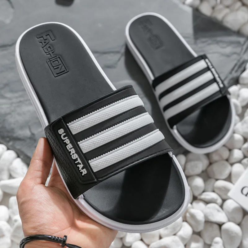 

WEH Men Slippers Summer beach 2020 Slides for Men Shoes Couple Flip Flops Soft Black And White Stripes Casual Slippers Male