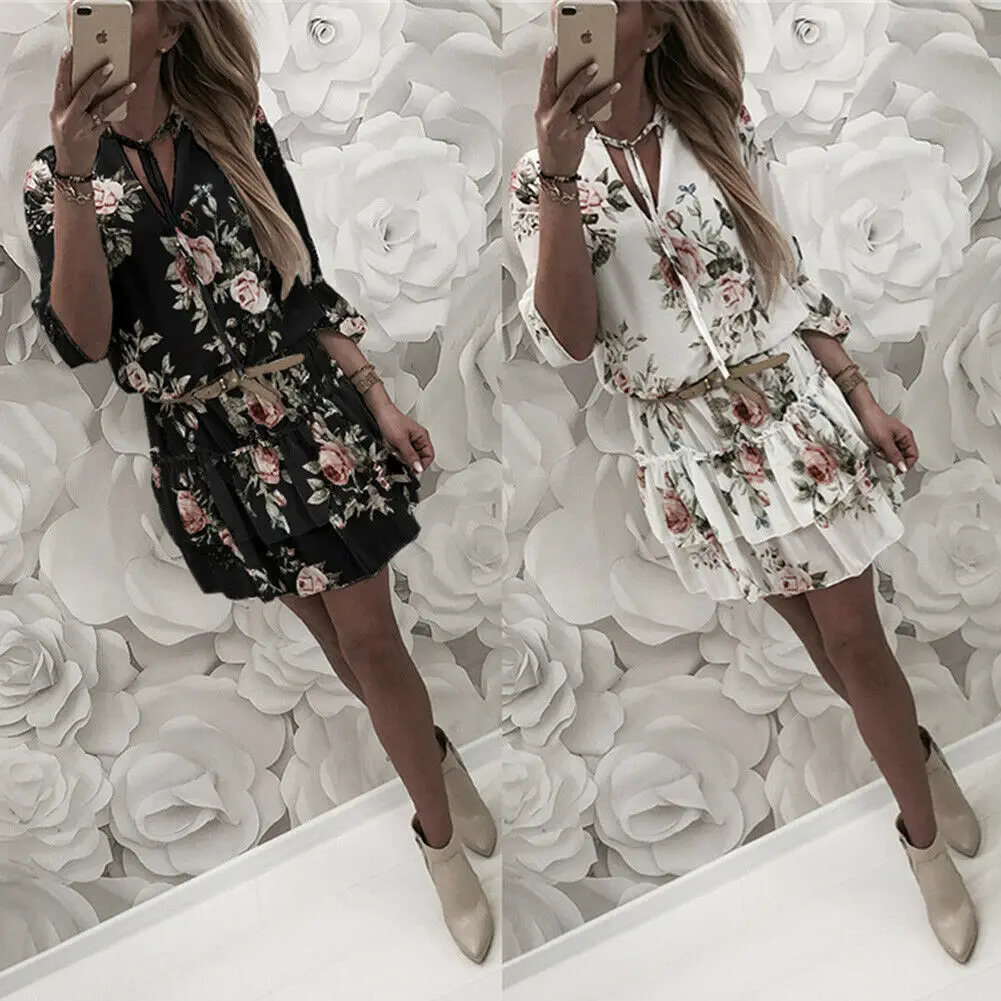 

Vintage Women's Wrap Summer V-Neck Boho Floral Print Dress Elegant Ladies Holiday Beach Mini Sundress Plus Size