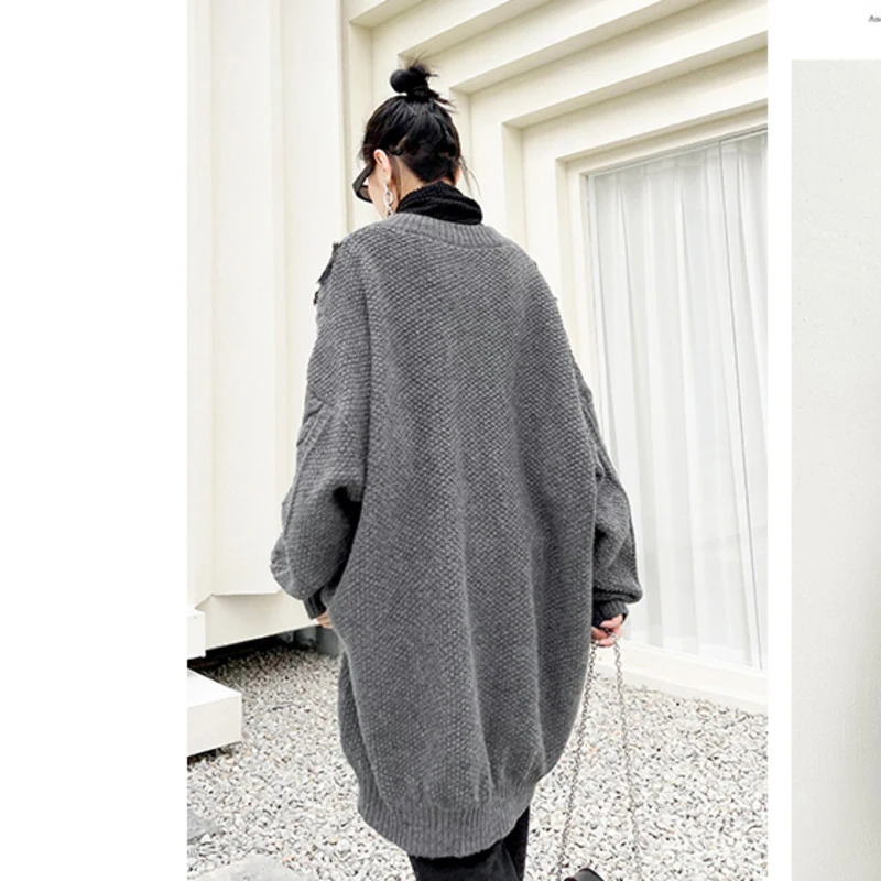 

large stitched Women's knitted sweater, V-neck and long sleeve loose sweater, fashion, autumn, winter, 2021, 1dd4132