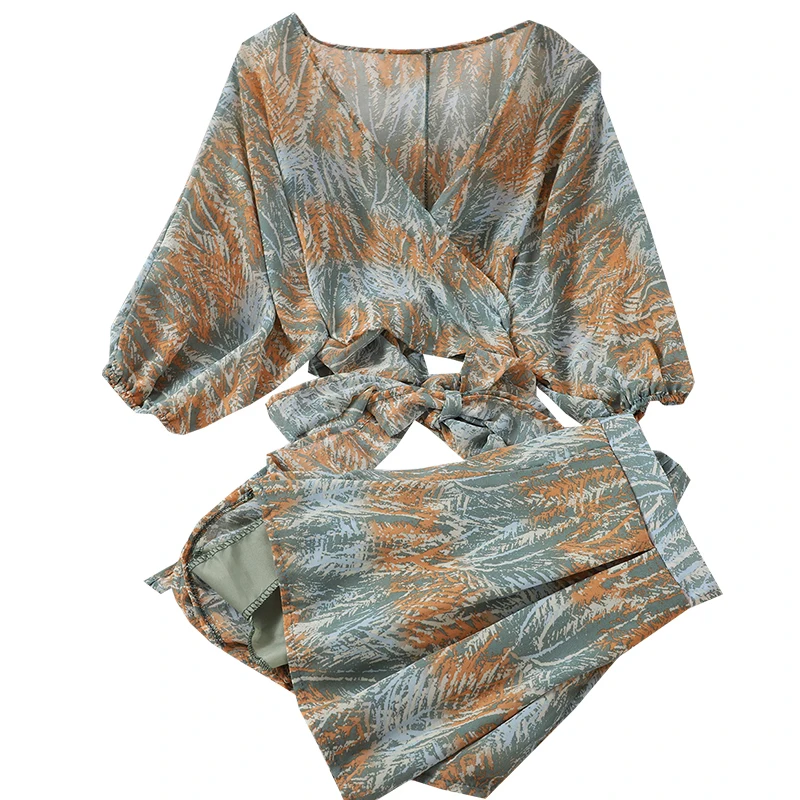 

Two Piece Outfits Women Fashion Strap Short V-neck Shirt High Waist Slim Wide Leg Shorts Printed Suit Ladies Summer