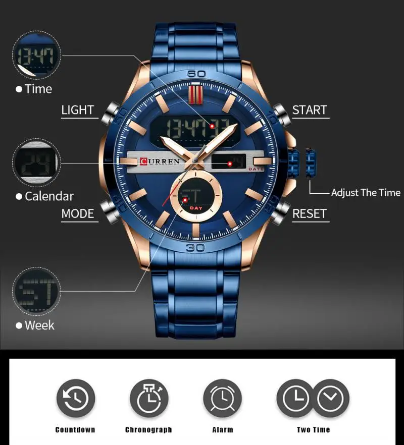 Curren Fashion Sport Gold Men's Digital Watches Stainless Steel Chronograph Luminou Wristwatch Led Male Wrist Watch for Men |
