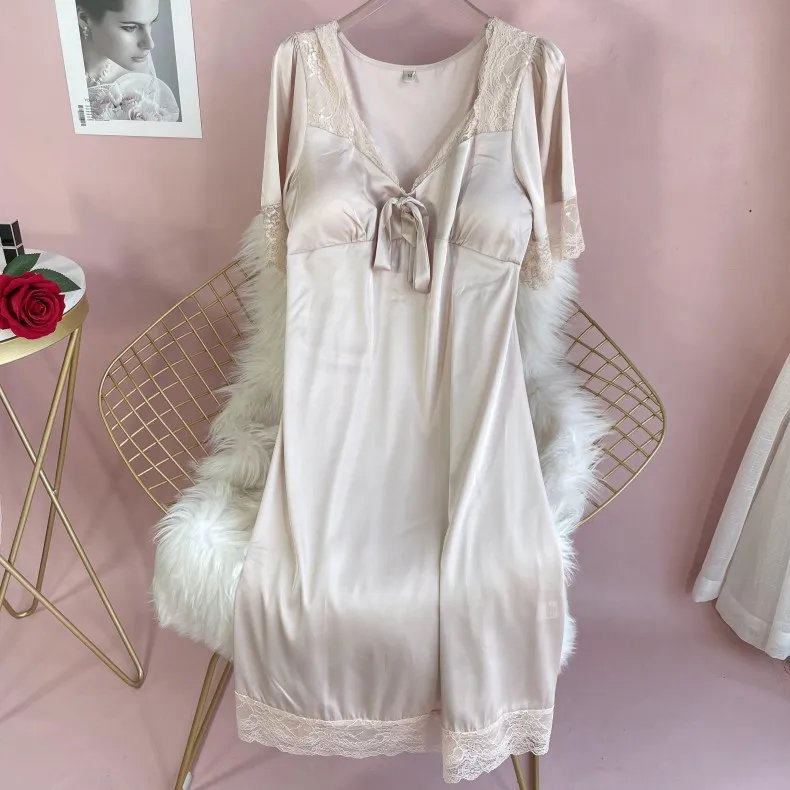 

Lace Patchwork Nightdress With Chest Pads Summer New Nightgown Satin Silk Sleep Dress Women Intimate Lingerie Home Dressing Gown