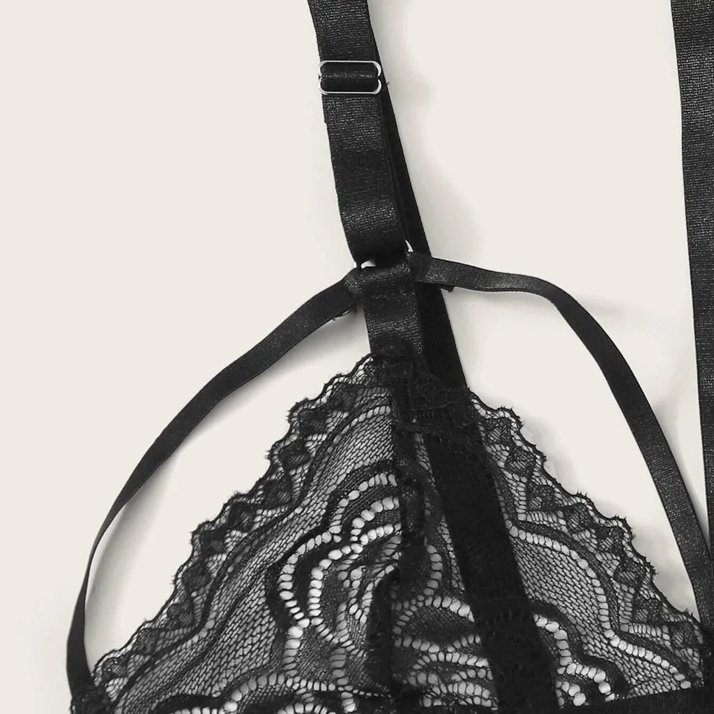 

Lingerie Sexy Hot Erotic Lace Bra+Thong+Garter Lingerie Set Bandage Women's Underwear Black Plus Size Temptation Sleepwear