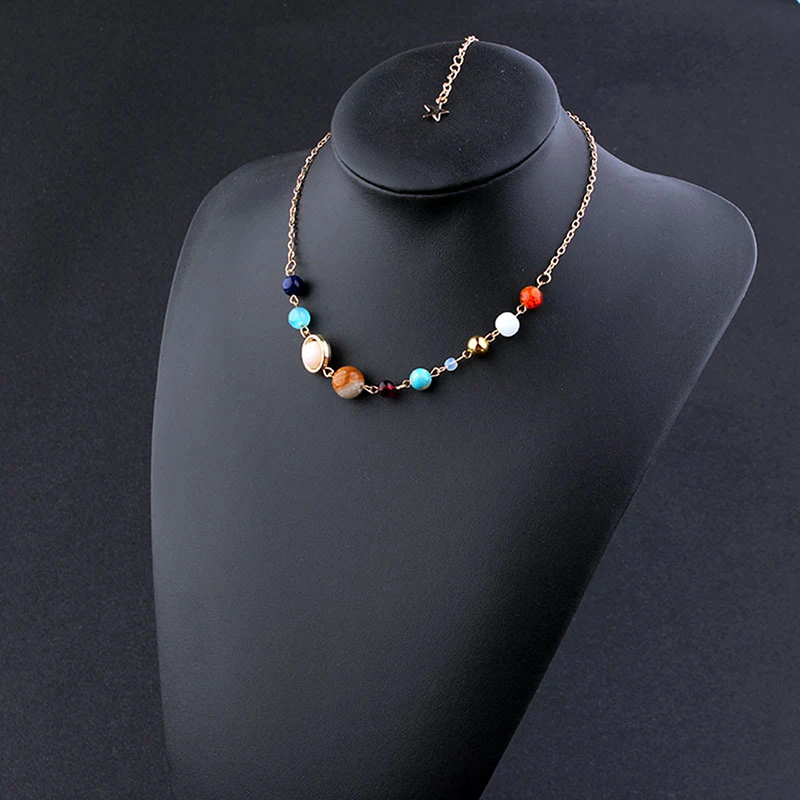 

53cm Universe Eight Planets Beads Long Necklace for Women Solar System Jewelry Natural Stone Galaxy Suspension Pendant