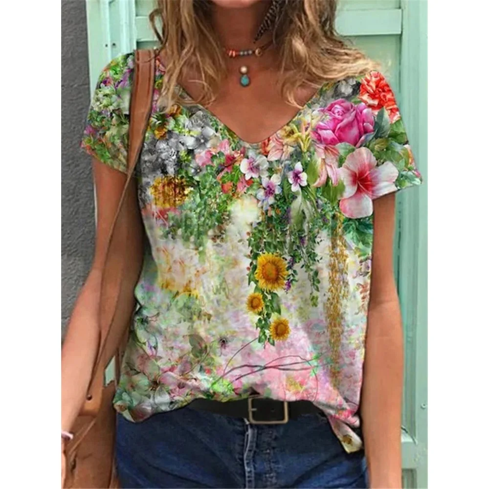 

Women's T-Shirts All-match Half Sleeve Tops Printed Tshirt Floral Painting Printed Tops Summer Female Cloth V-neck Tshoit New