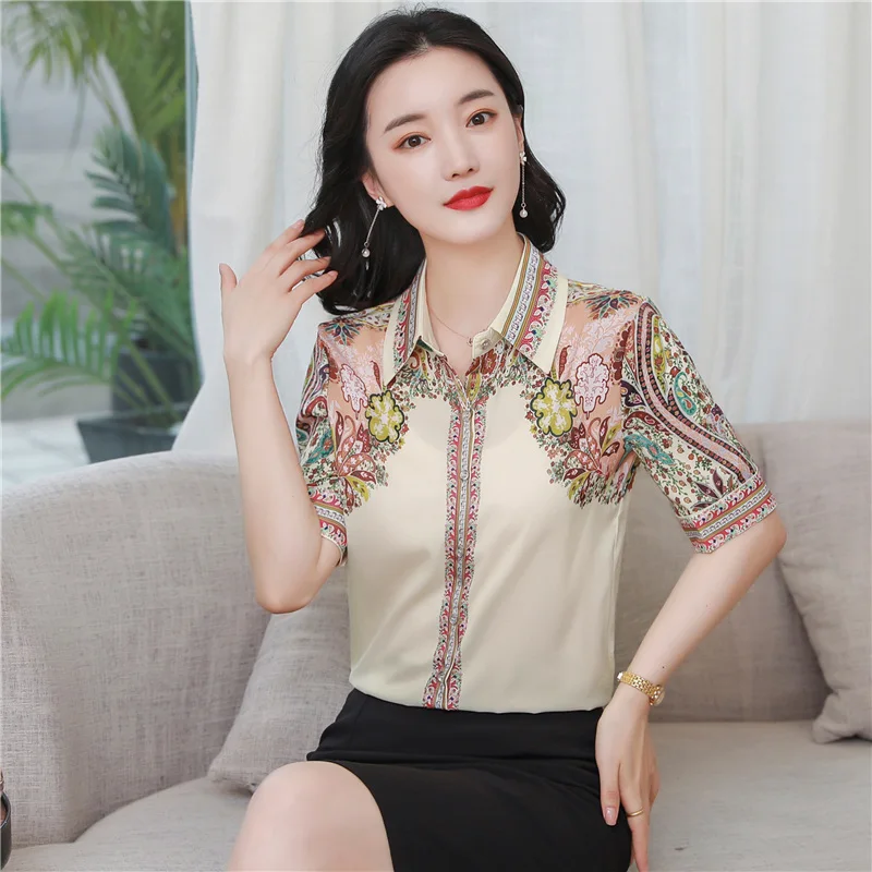 

Summer Korean Fashion Satin Woman Shirts Satin Office Lady Short Sleeve Buttoned Shirt Plus Size XXL Black Ladies Tops Blouse