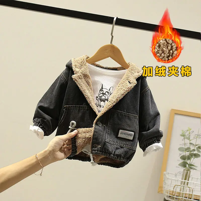 

Denim Winter Spring Children Coat Baby Girls Clothes Warm Thicken Jackets Plus Velvet Toddler Buttons Pocket Outwear Kids