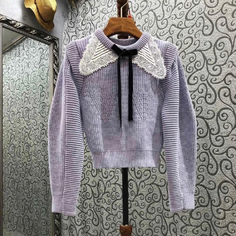 High Quality Purple Sweaters 2021 Autumn Winter Pullovers Women White Lace Embroidery Patchwork Long Sleeve Knitted Jumpers