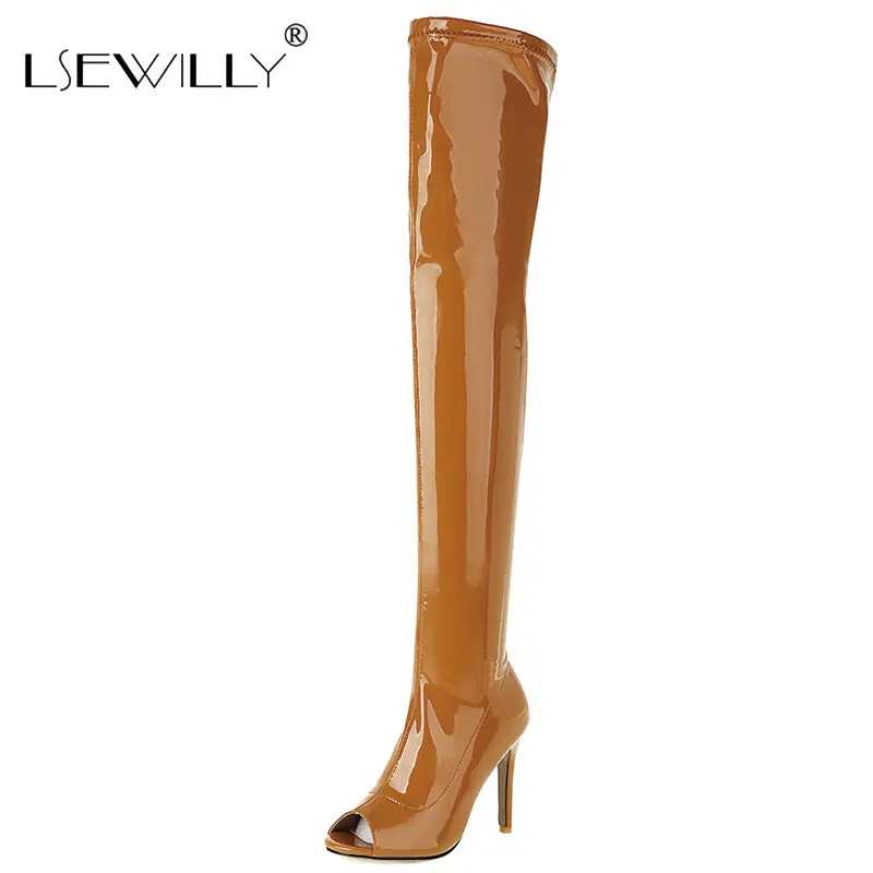 

Сапоги женские из лакированной кожи, на шпильке, с открытым носком