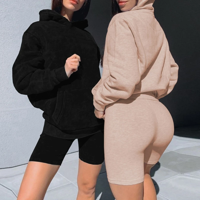 

Women Autumn 2 Piece Workout Outfits Set Long Sleeve Pullover Hooded Sweatshirt High Waist Bodycon Biker Shorts Solid Color Trac