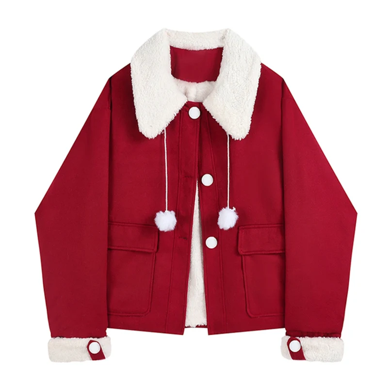 

Корейское винтажное шерстяное пальто, теплая красная верхняя одежда, женское однобортное свободное милое короткое пальто с длинным рукаво...