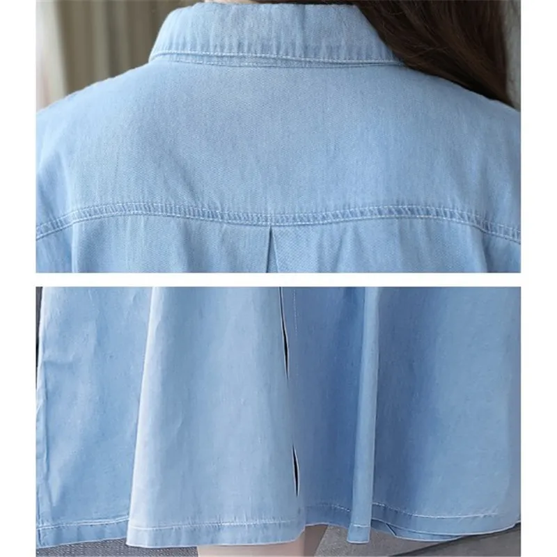 

Denim Dresses For Women With Belt Short Sleeve A Line Dress Female Elegant Lapel Knee Length Pocket Dress Light Blue RM50046