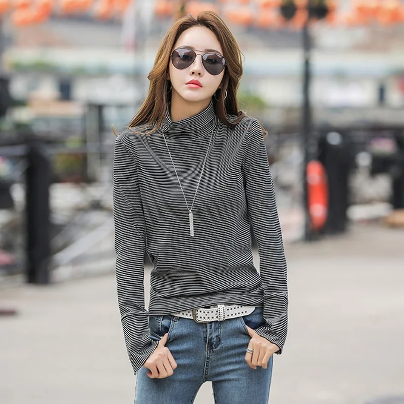 

Turtleneck Striped T-shirt Women Long Sleeve T-shirt Autumn Loose Women Clothing Harajuku T Shirt