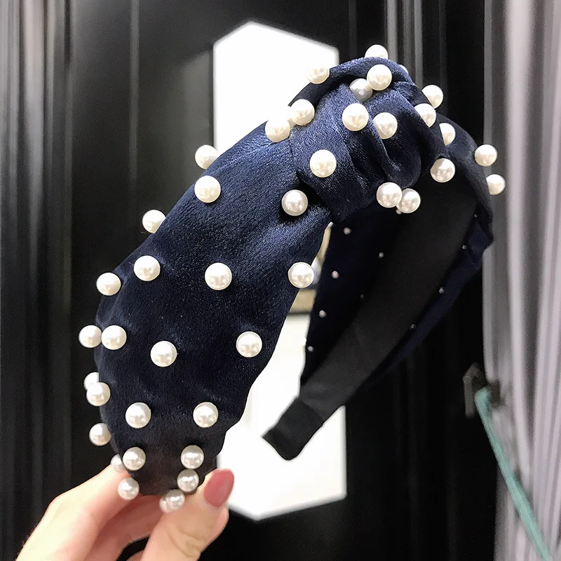 HD412 Navy blue Богемная плетеная жемчужная лента для волос, головная повязка с центральным узлом для женщин и девочек, модная ободок для волос, повязка для волос ручной работы, аксессуары для волос - Цвет: HD412 Navy blue