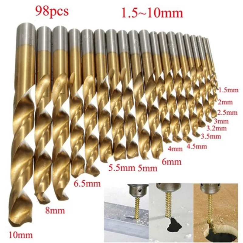 

Hot 98Pcs High Speed Titanium Coated Cobalt HSS-Co Steel Drill Bit Set Power Tools1.5mm-10mm