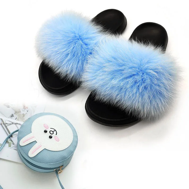 

Fashion Women Real Fox Fur Slippers Round Cartoon PU Shoulder Bags Girls Rabbit Bear Purse Sets Female Furry Sandals