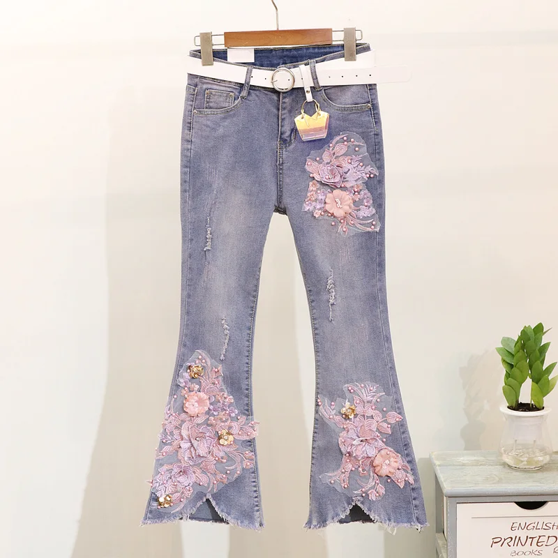 Summer Flare Jeans Suit Women 2019 New Embroidered Stereo Flower Pull T-shirt + Holed Jeansv Denim Trousers Two-piece Lady | Женская
