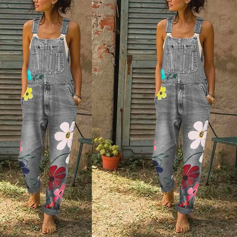 

Overalls Bandage Jumpsuit Denim Streetwear Adjusted Straps Colorful Floral Print Combinaison Femme Jumpsuit Halter Plus Size