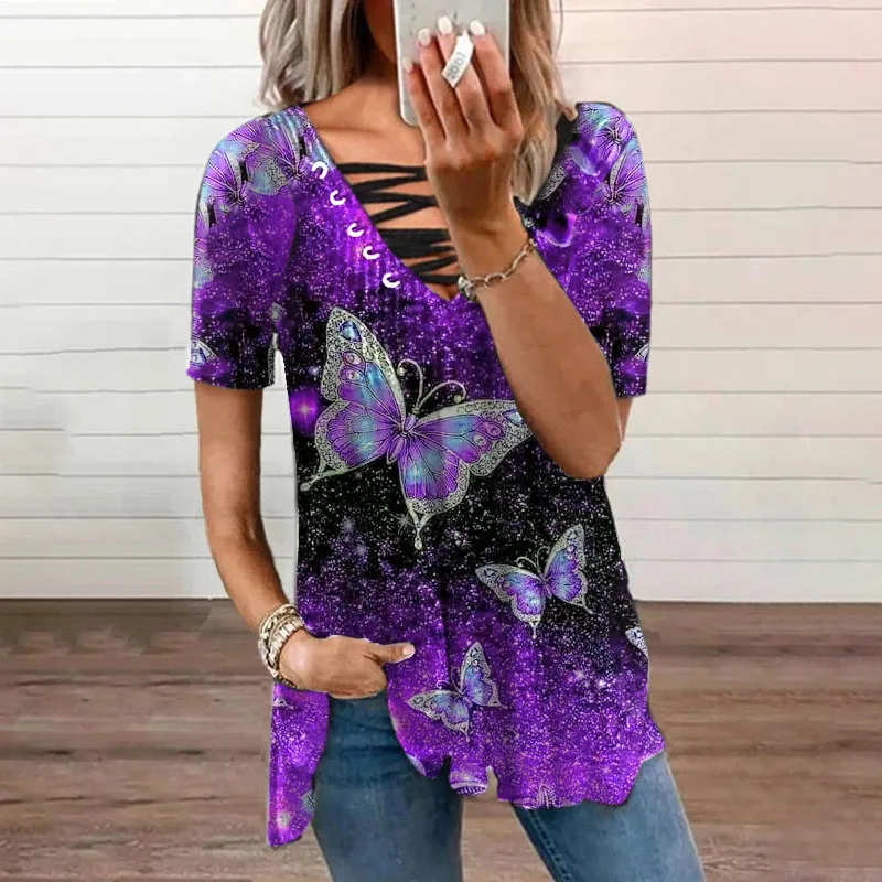

Women Summer Tshirt Vintage Butterfly Print Short Sleeve Tees Casual Y2K Crop Top Harajuku Streetwear Loose Graphic T Shirts
