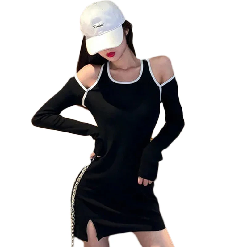 

Женское облегающее платье с лямкой на шее, спортивное эластичное платье-мини контрастных цветов с разрезом на бедрах, в готическом стиле с о...