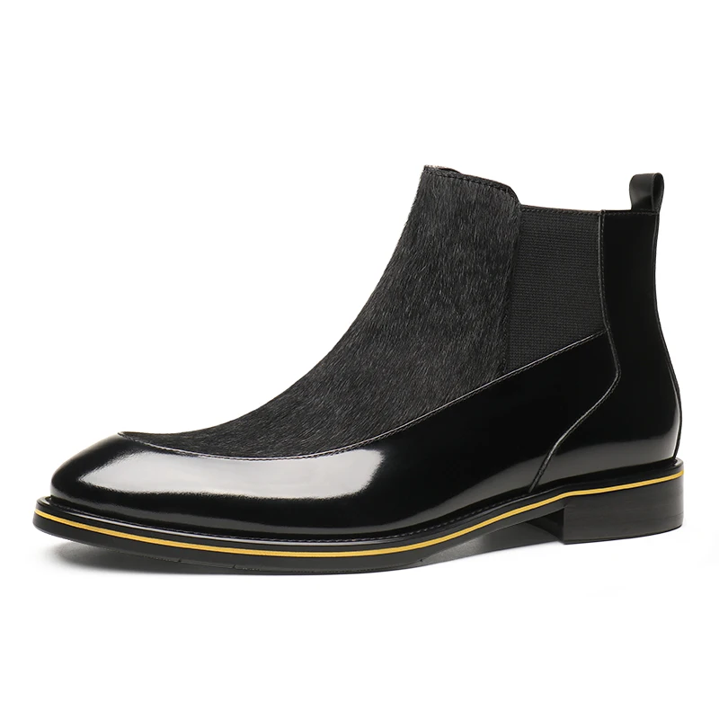 Pointed Toe Horsehair Black Mens Dress Boots Genuine Leather Chelsea Male Ankle | Обувь