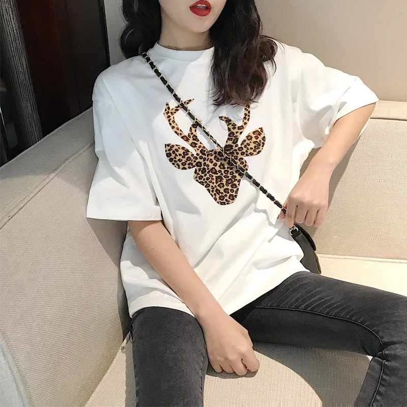 Женская футболка с леопардовым принтом и короткими рукавами|Футболки| |
