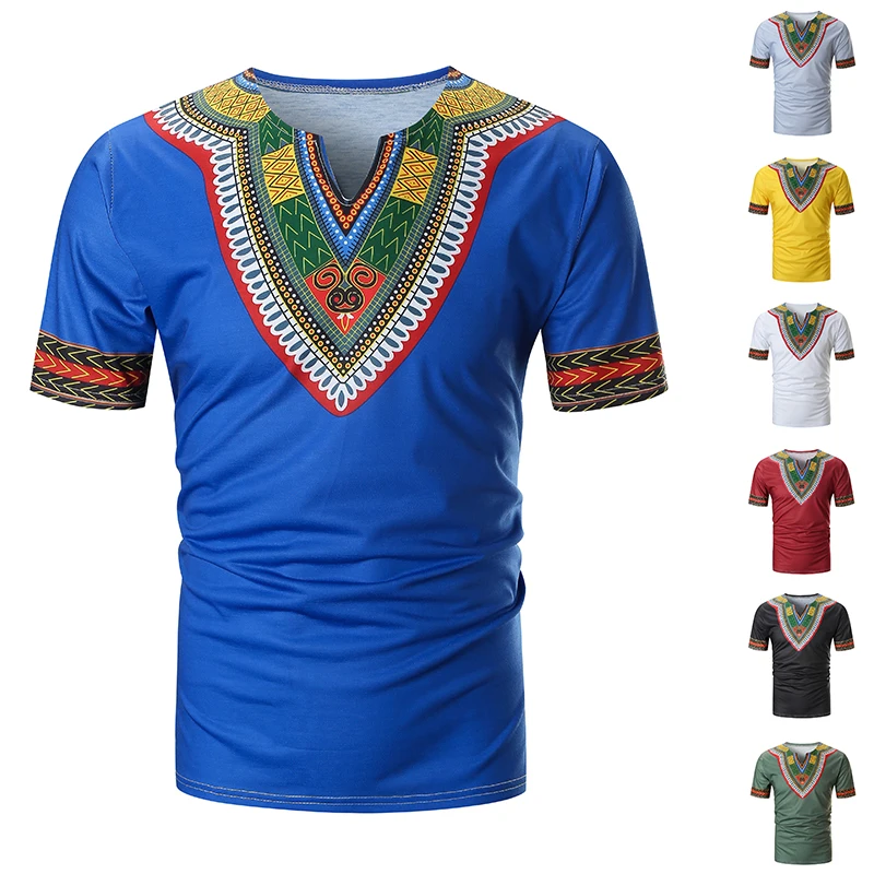 2021 New Arrived Folk-custom T-shirts Men Summer Casual African Print V Neck Pullover Short Sleeve T-shirt Top Blouse camiseta