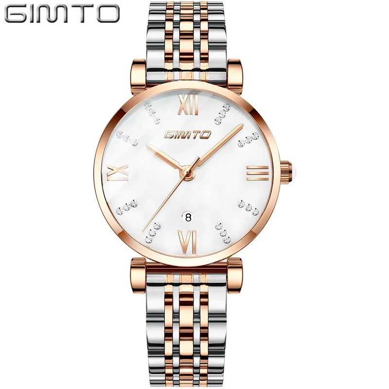 gold white GIMTO розового золота роскошный кристалл женские часы Сталь браслет кварцевые наручные часы Дата леди смотреть женский relogio feminino - Цвет: gold white