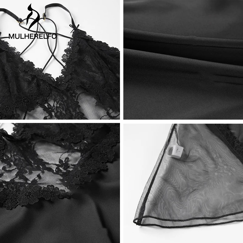 

Lace Sling Deep V Nightdress Women t Pants 2-Piece Suit Perspective Hollow Mesh Backless Nightwear Erotic Seduction Homewear