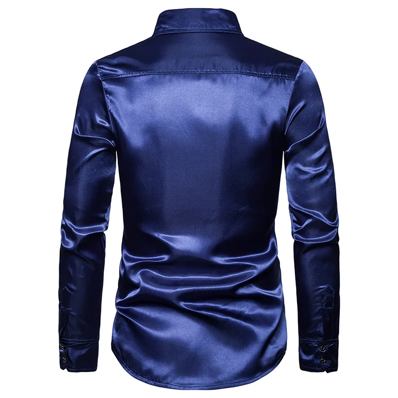 Мужская рубашка под смокинг синяя с блестками и длинным рукавом для ночного