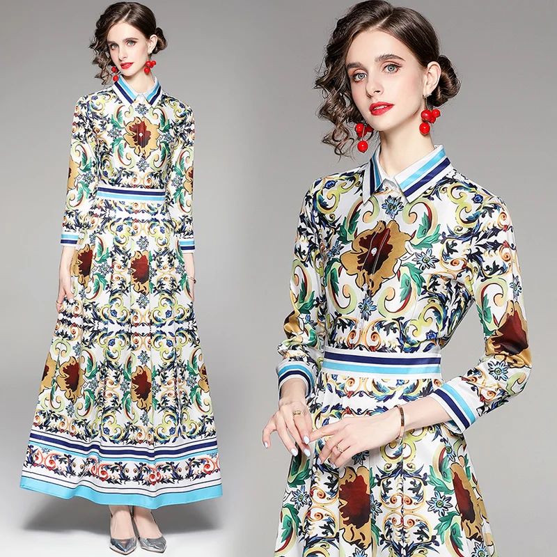 

European and American Fashion Elegant Office Lady Design Ruched Printed Long Sleeve Shirt Dress Luxury Party Women A Line Dress