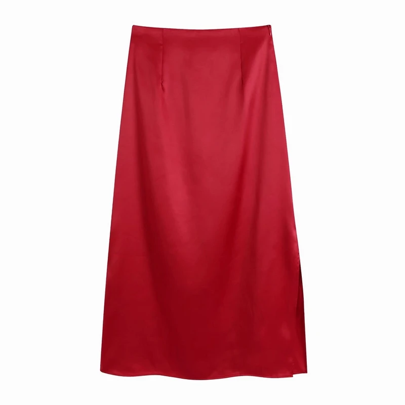 

Women Skirt Autumn 2021 New Fashion Mid-Calf Red Color Side Zipper A-Line Modern Lady Bottoms
