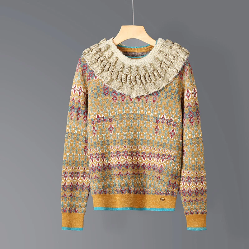 

New same retro flower stitching gold lotus collar Pullover Sweater for women