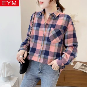 Рубашка женская фланелевая в клетку, Повседневная Свободная блузка, Молодежный Новый дизайн, стильные женские блузки с длинным рукавом, топы, 2021