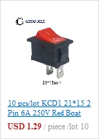 10 шт./партия KCD1 15*10 SPST 250V 3A 2 Pin Красный переключатель для лодки кнопка включения выключения