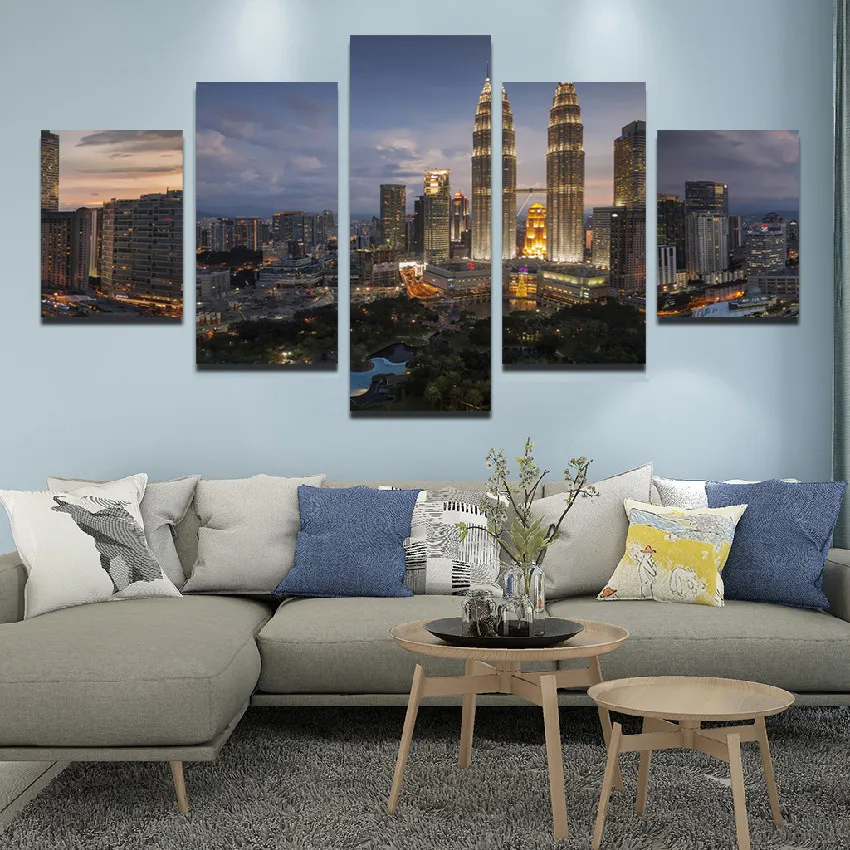 

5Pcs Hd Skyscraper Wall Painting Modern City Night View Photography Bustling Urban Scene Canvas Printing Frameless Poster
